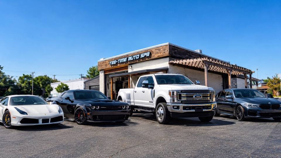 Exotic car lineup at Tee Time Auto Spa